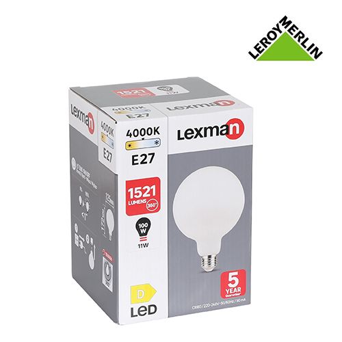Ampoule Globe à Vis E27 - LED - 11W (équi 100W) = 1521 Lm - Ø12,5cm - 4000K  / Lumière Naturelle (blanc Froid)